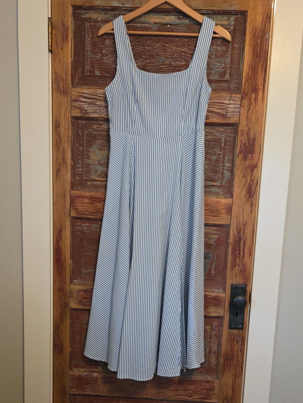 Blue and White Striped Square-Neck Midi Dress